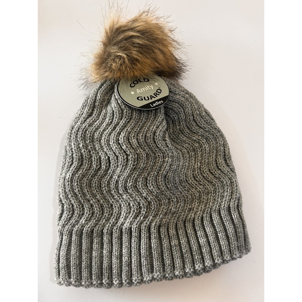 Women's Chunky Knit Winter Beanieβ with Pompom Ribbed Cap Gray Faux Fur Lining